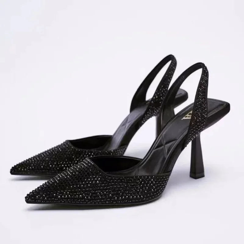 Elegante Schwarze Glitzer-Slingback-Pumps – Veganes Leder, Spitz