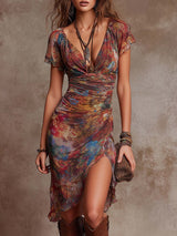 Damen Gerafftes Boho Midikleid – Lässiges Blumiges Sommerkleid in staubiges Rot