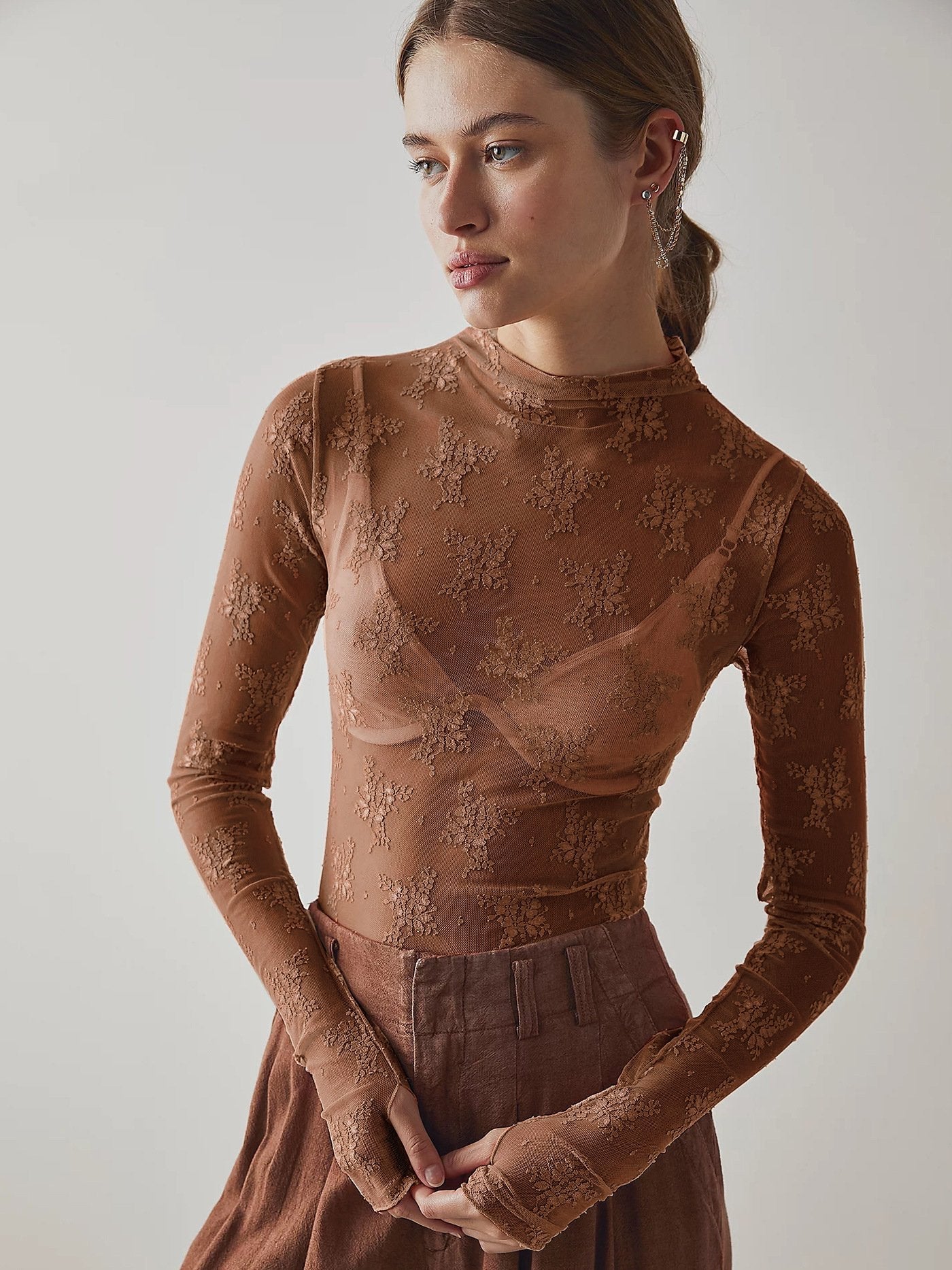 Damen Floral Spitze Daumenloch Sheer Tee