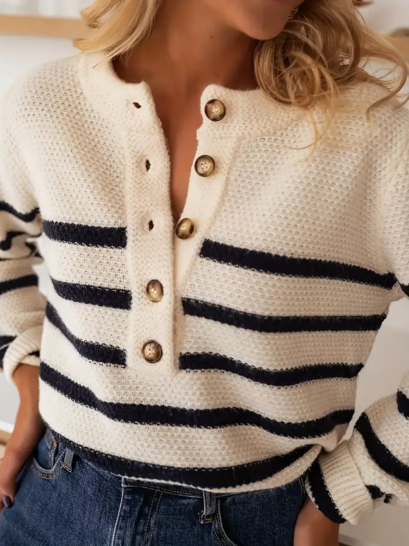 50% Rabatt | Dreynara™ - Gestreifter Pullover mit Rundhalsausschnitt und Knopfakzenten