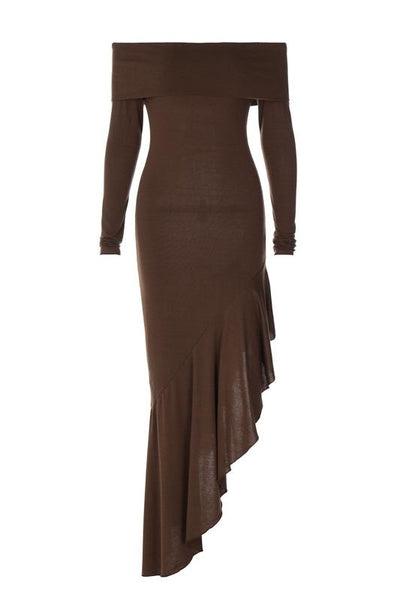 Schulterfreies Strickkleid | Asymmetrischer Saum & Lange Ärmel | Elegante Wärme