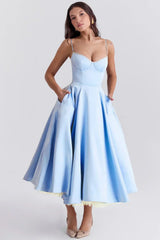 Damen Ärmelloses Korsett Midikleid - Eleganter Dinner Party Stil in Blau