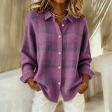 Damen Locker Geschnittener Knopfstrick Cardigan - Stilvolles Karo Design in Lila