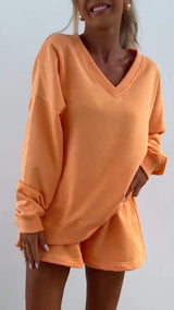 Damen V-Ausschnitt Gestreiftes Langarm Zweiteiler Set – Lässiges Outfit in Orange