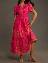 Damen Fließendes Bedrucktes Maxikleid Mit Geraffter Taille – Elegantes Sommerkleid in Rosa