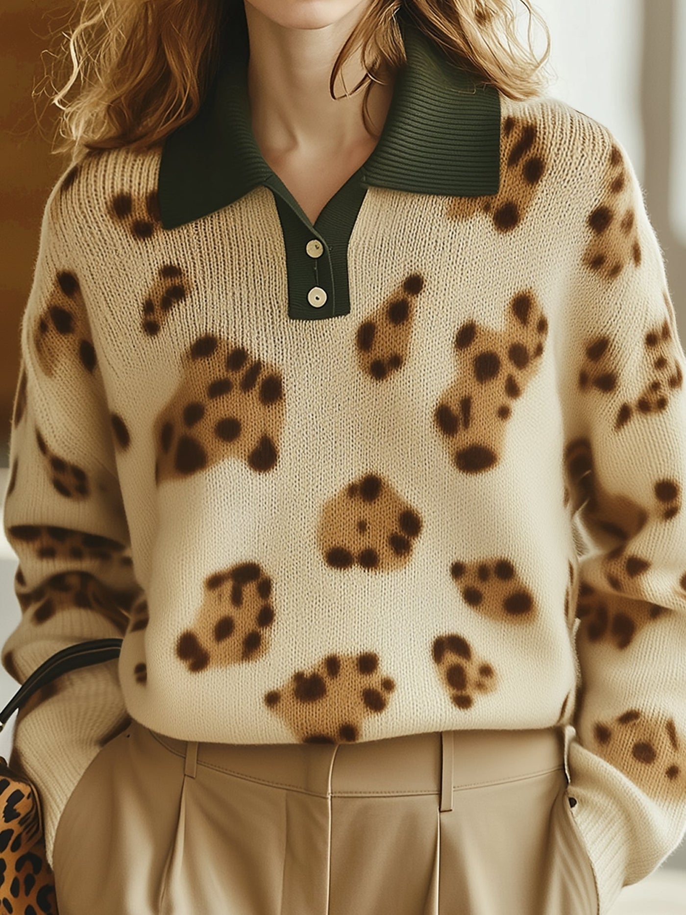 Leoparden-Strickpullover mit Kragen | Eleganz trifft Wildheit | Moderner Stil