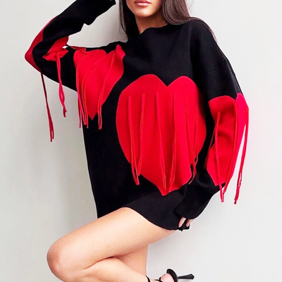 Übergröße Pullover | Herz-Applikationen | Fransen-Detail