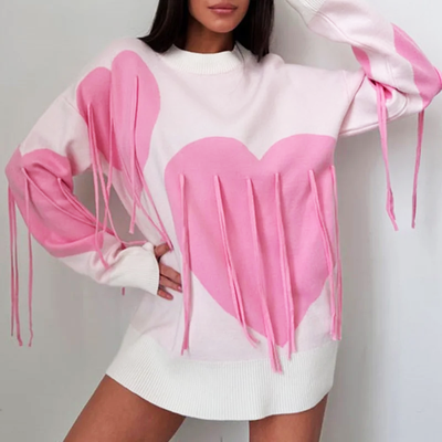 Übergröße Pullover | Herz-Applikationen | Fransen-Detail