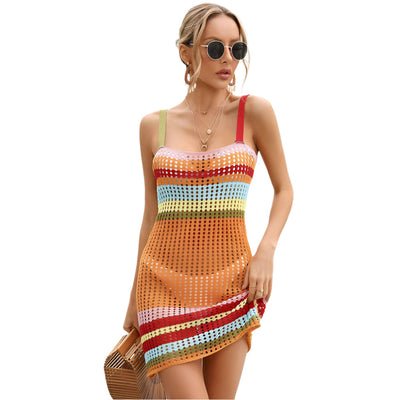 Evina - Regenbogenstreifen gehäkeltes Strand-Mini-Cover-up Kleid