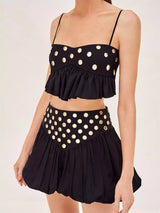 Damen Pailletten Spiegel Rock Set – Glänzendes Party Zweiteiler Outfit in Schwarz