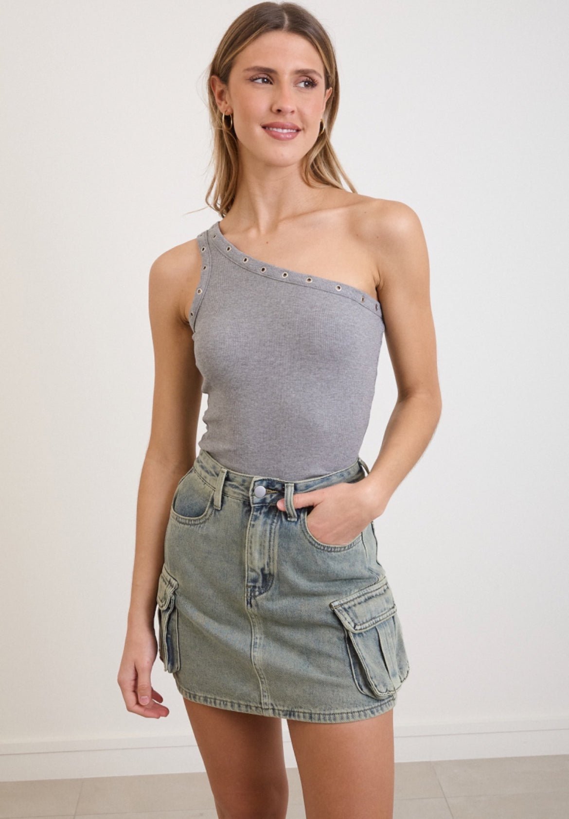 Trendiger Damen Cargo-Jeansrock – Midilänge, Washed Denim