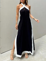 Damen Farbblock Halterneck Maxikleid Mit Seitenschlitz – Elegantes Kleid in Schwarz