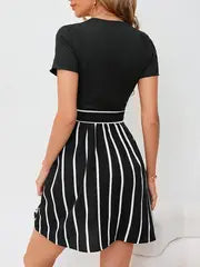 Edna | Neu Gestreiftes Patchwork-Kleid in A-Linie mit Kordelzug