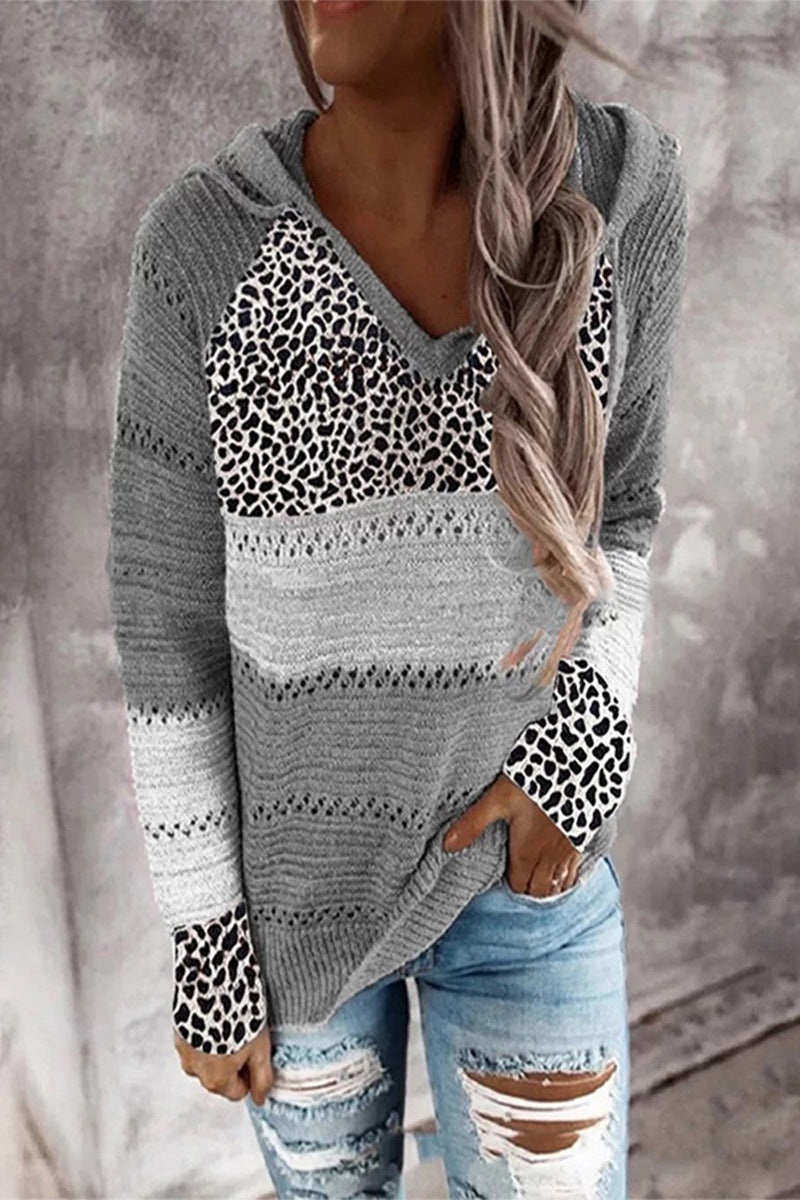 Strickpullover mit Leoparden- und Streifenmuster | Kapuzen-Design | Müheloser Stil