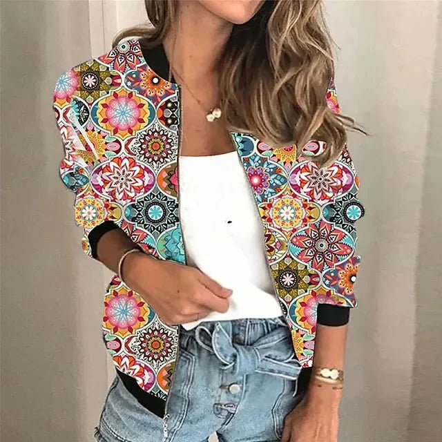 Damen Bomberjacke mit Blumenmuster und schwarzen Bündchen