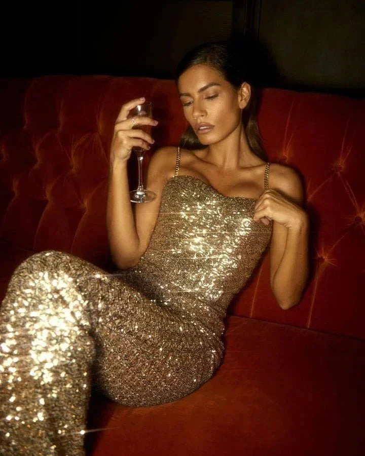 Damen Glitzer-Overall ohne Träger mit Taillengürtel