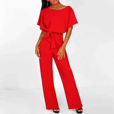 Damen Jumpsuit mit Gürtel und kurzen Ärmeln