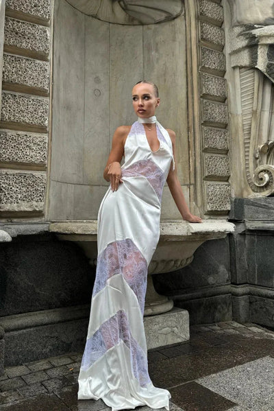 Damen Maxikleid mit Halfterkragen und Spitzendetails