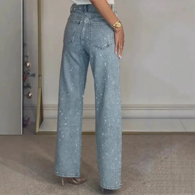 Damen High Waist Wide Leg Jeans mit Strass-Steinen