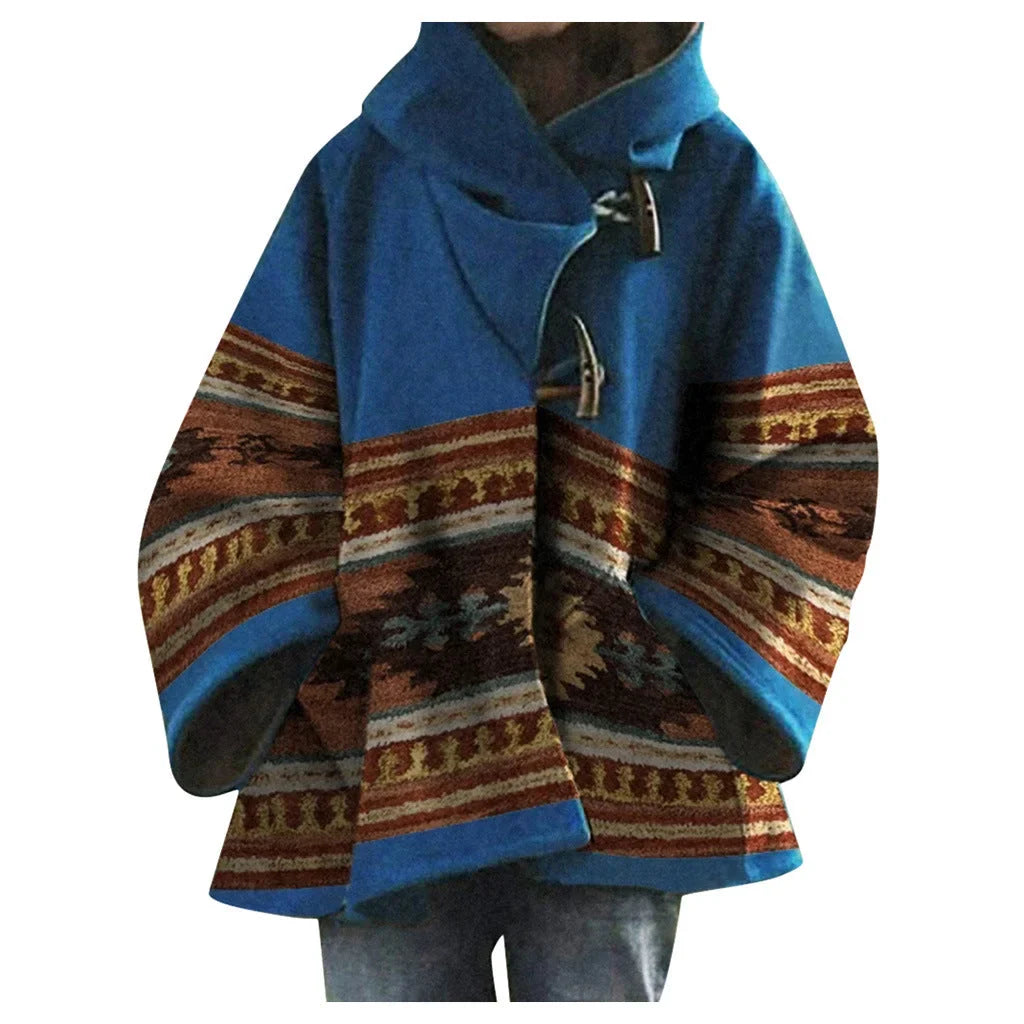Damen Poncho Mantel mit Kapuze im Ethno-Stil