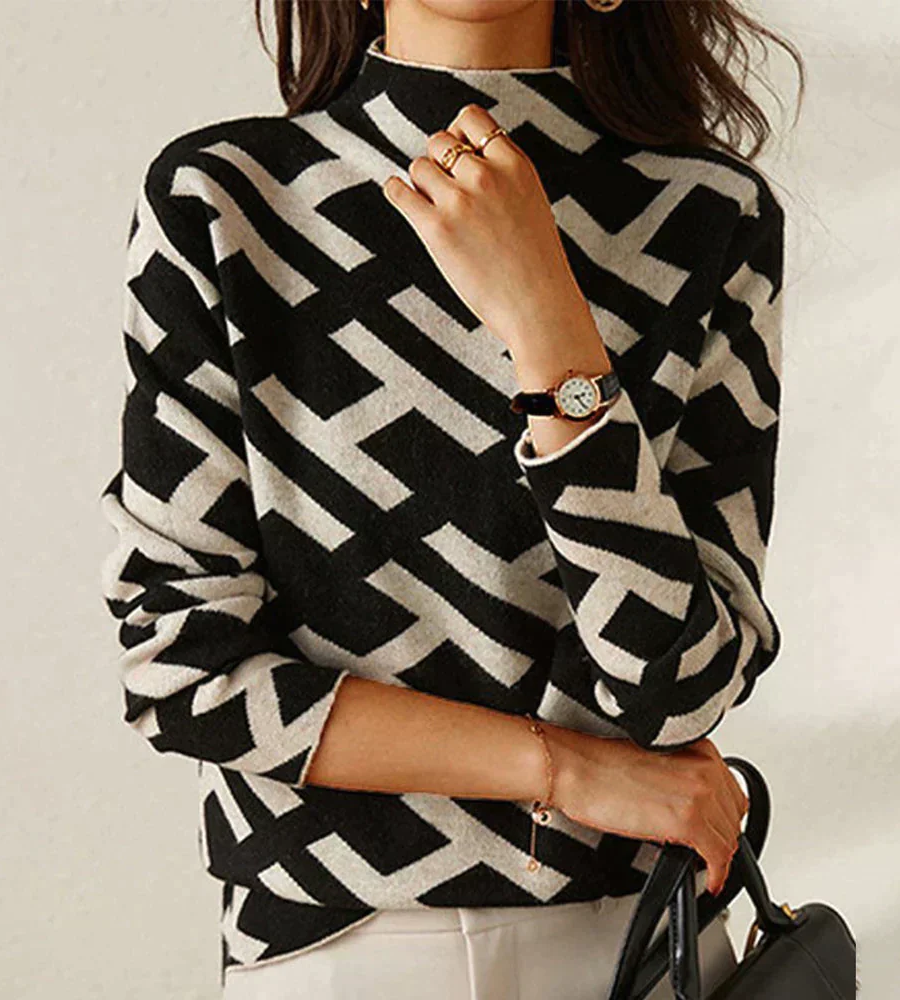 Stehkragen Pullover mit Vintage Druck und Streifen