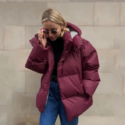 Damen Winter Pufferjacke mit Kapuze und Stehkragen