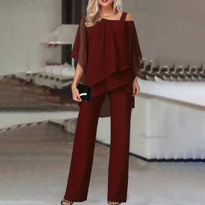 Damen Zweiteiler mit Cold-Shoulder-Bluse und weiten Hosen