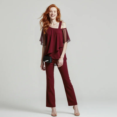 Damen Zweiteiler mit Cold-Shoulder-Bluse und weiten Hosen