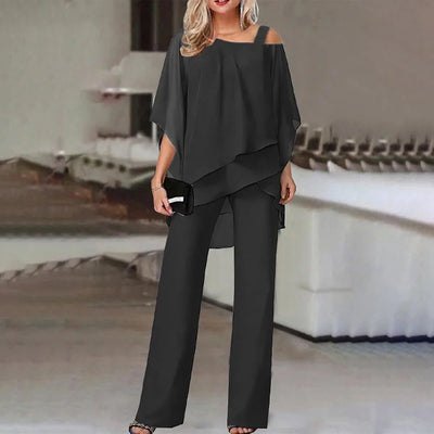 Damen Zweiteiler mit Cold-Shoulder-Bluse und weiten Hosen