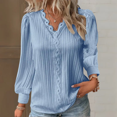 Damen Bluse mit Spitzendetails und V-Ausschnitt