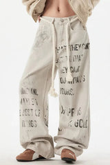 Damen Apricot Graffiti Gerade Jeans – Streetwear Hose in Aprikose
