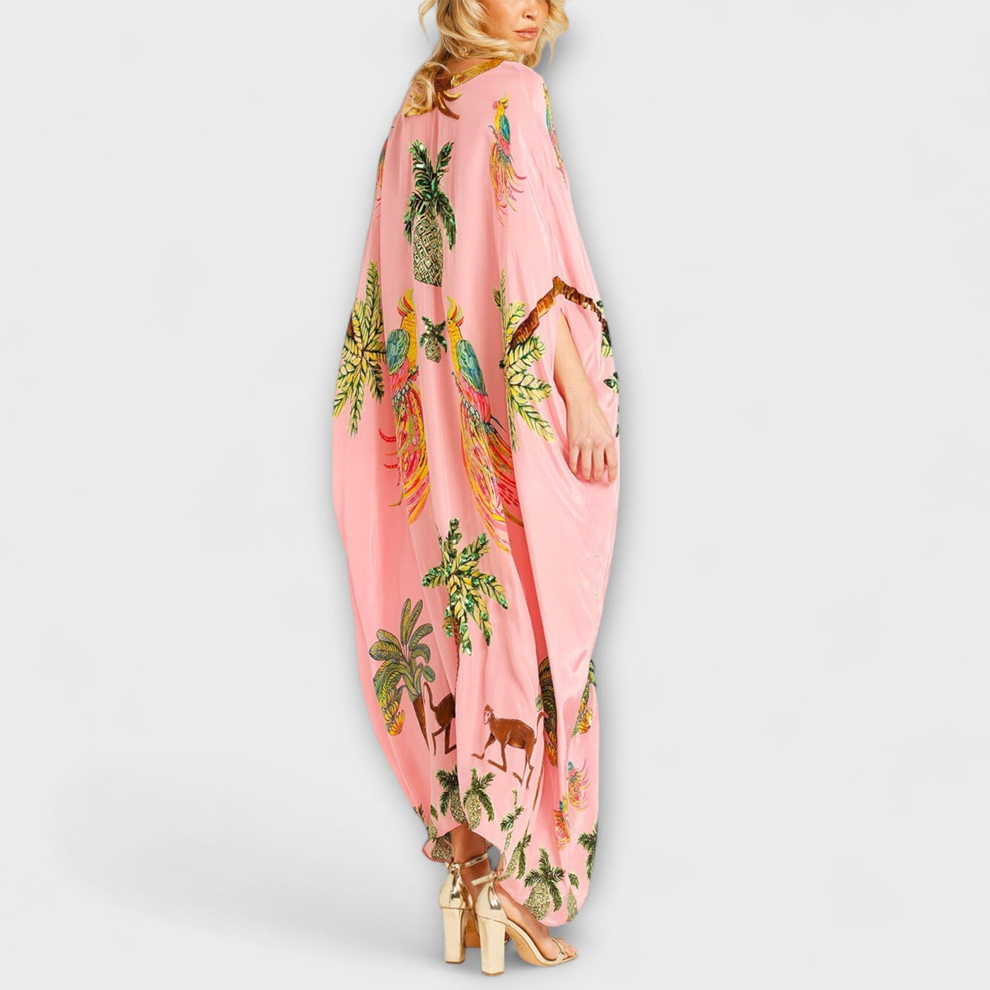 Linda - Elegantes Kleid mit asymmetrischen Schultern und Kokosnussbaum-Muster