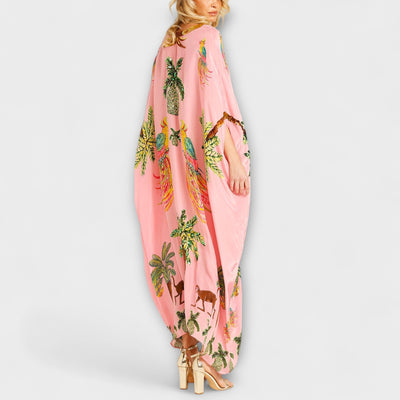 Linda - Auffälliges Kleid mit schrägen Schultern und Kokosbaum-Print