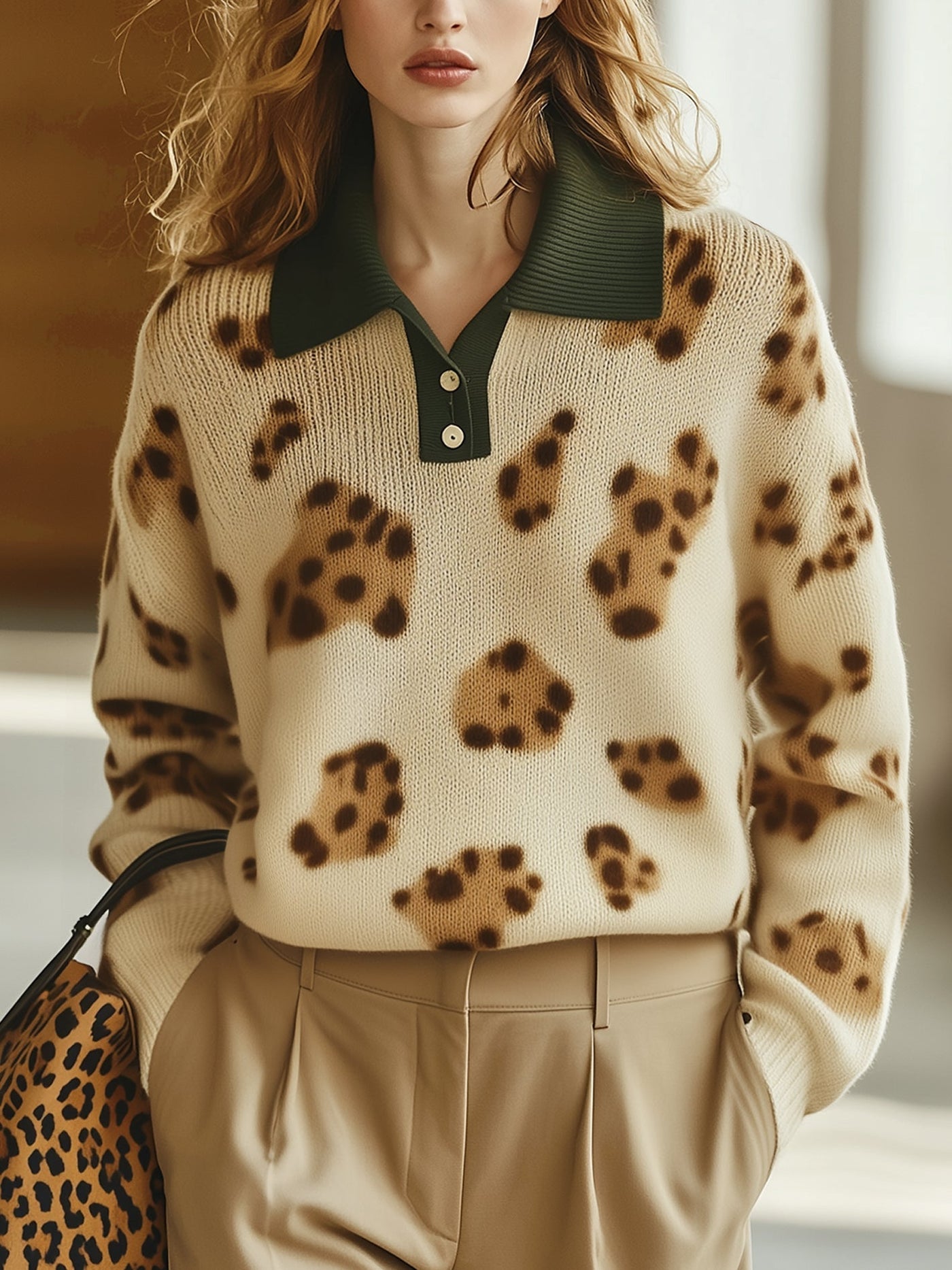 Leoparden-Strickpullover mit Kragen | Eleganz trifft Wildheit | Moderner Stil