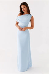 Damen Einfarbiges Maxikleid Mit Asymmetrischem Ausschnitt – Abendkleid in Blau