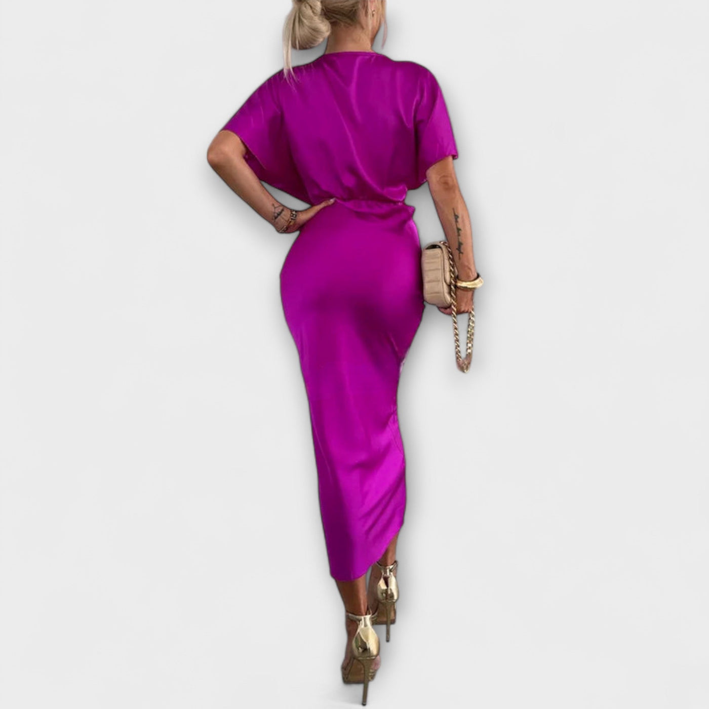 Sable - Solides Satin V-Ausschnitt Kreuzknoten Slim Fit Maxi Kleid