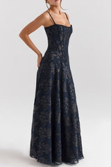 Damen Spaghettiträger Chiffon Blumenkleid Für Formelle Anlässe – Elegantes Maxikleid in Schwarz