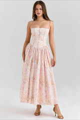 Damen Elegantes Gestuftes A-Linien Ärmelloses Blumenkleid – Sommerkleid in Rosa