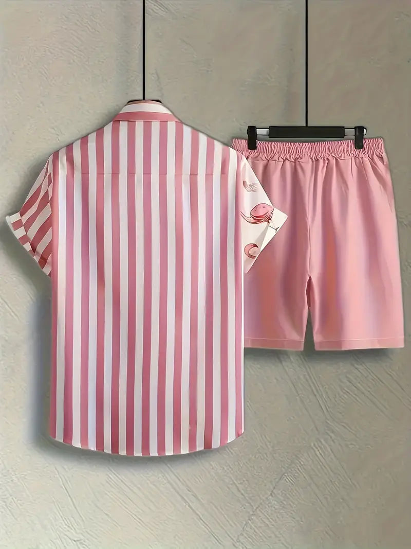 Edmund - Herren-Set aus Hemd und Shorts mit Flamingo- und Streifen-Grafikdruck