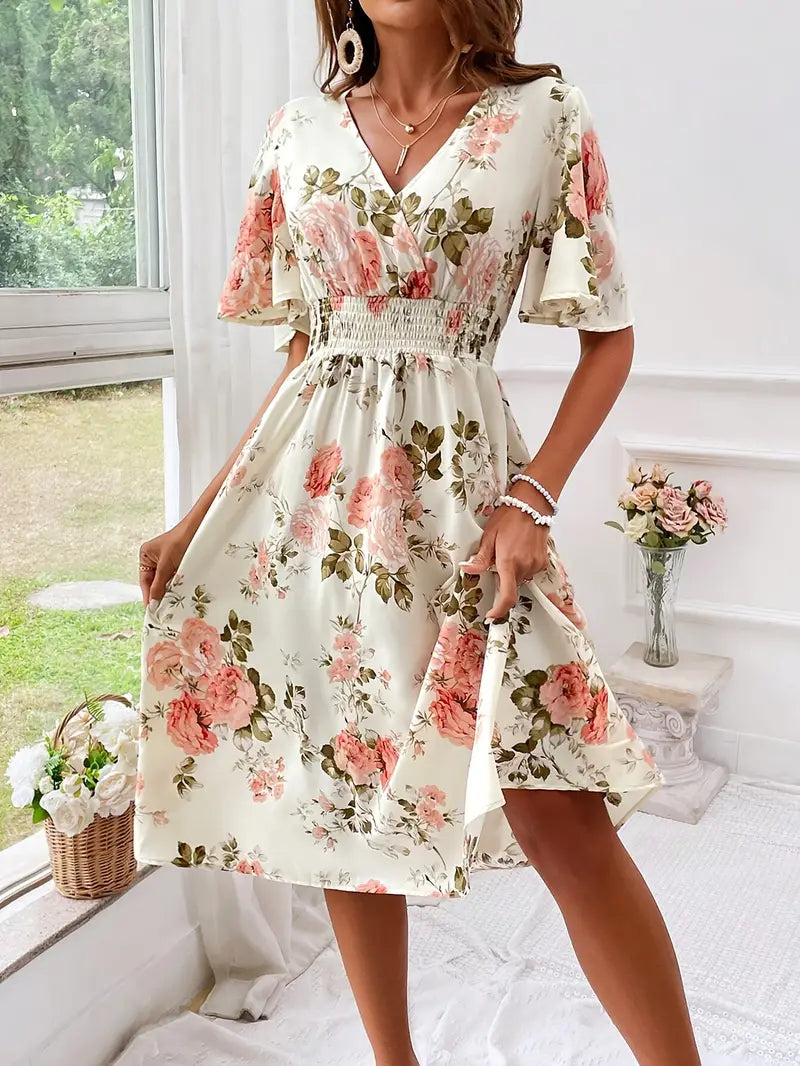 Mercy - Sommer Kleid V-Ausschnitt Blumenmuster