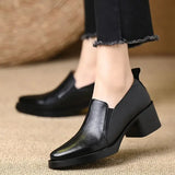 Damen Spitze Leder Loafer Mit Blockabsatz – Freizeit Schuhe in Schwarz
