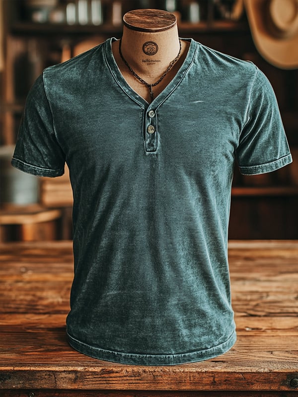 Klassisches Retro-T-Shirt für Herren mit Knopfleiste und V-Ausschnitt, 100 % Baumwolle, kurze Ärmel