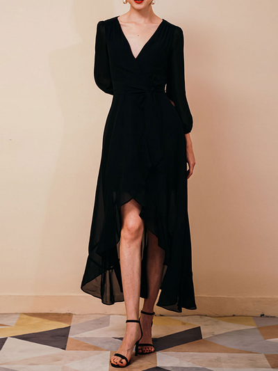 Elegantes Wickelkleid | V-Ausschnitt | Asymmetrischer Saum