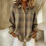 Damen Locker Geschnittener Knopfstrick Cardigan - Stilvolles Karo Design in Taupe