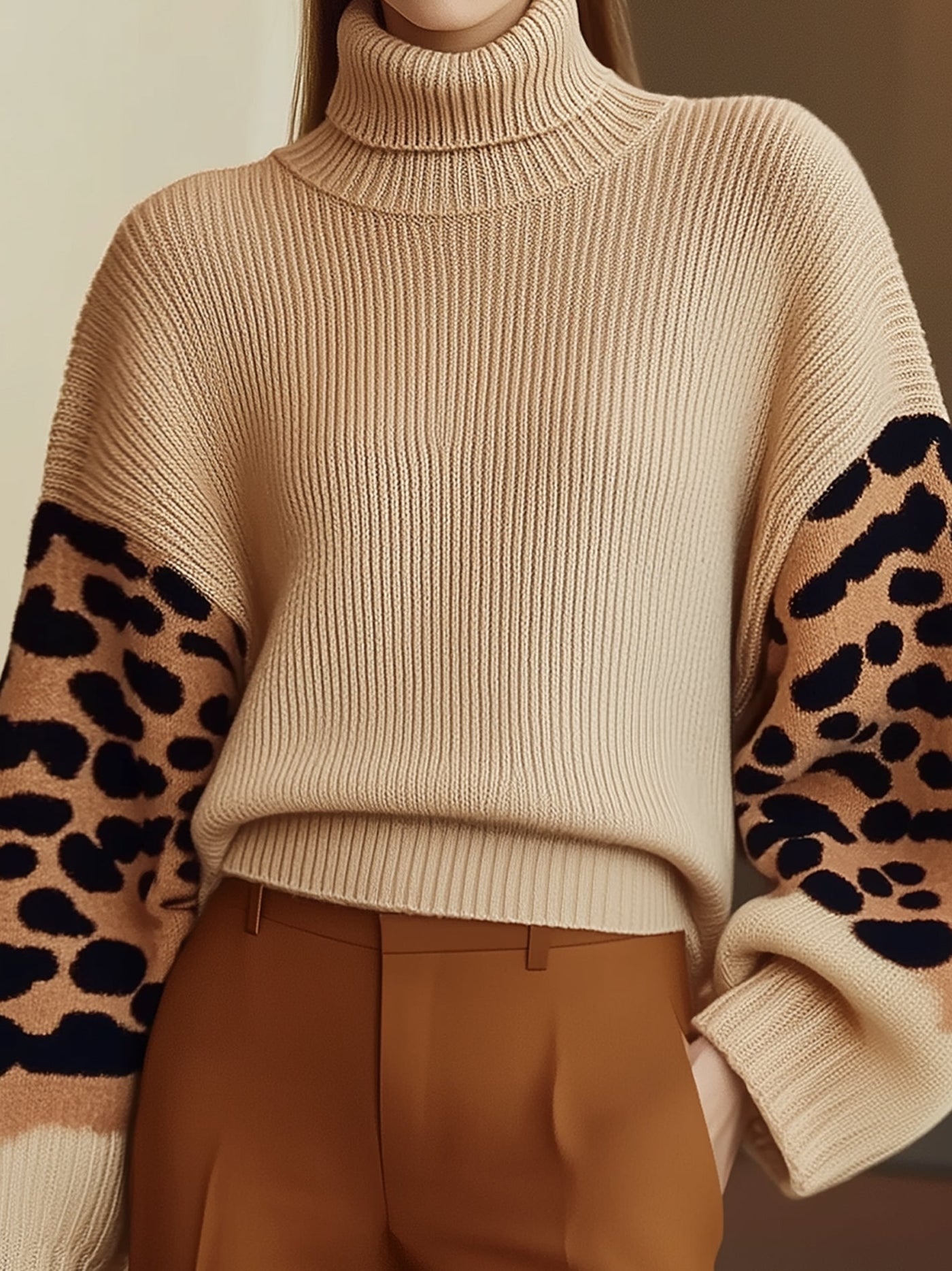 Rollkragenpullover mit Animal-Print | Statement-Ärmel | Eleganz trifft Komfort