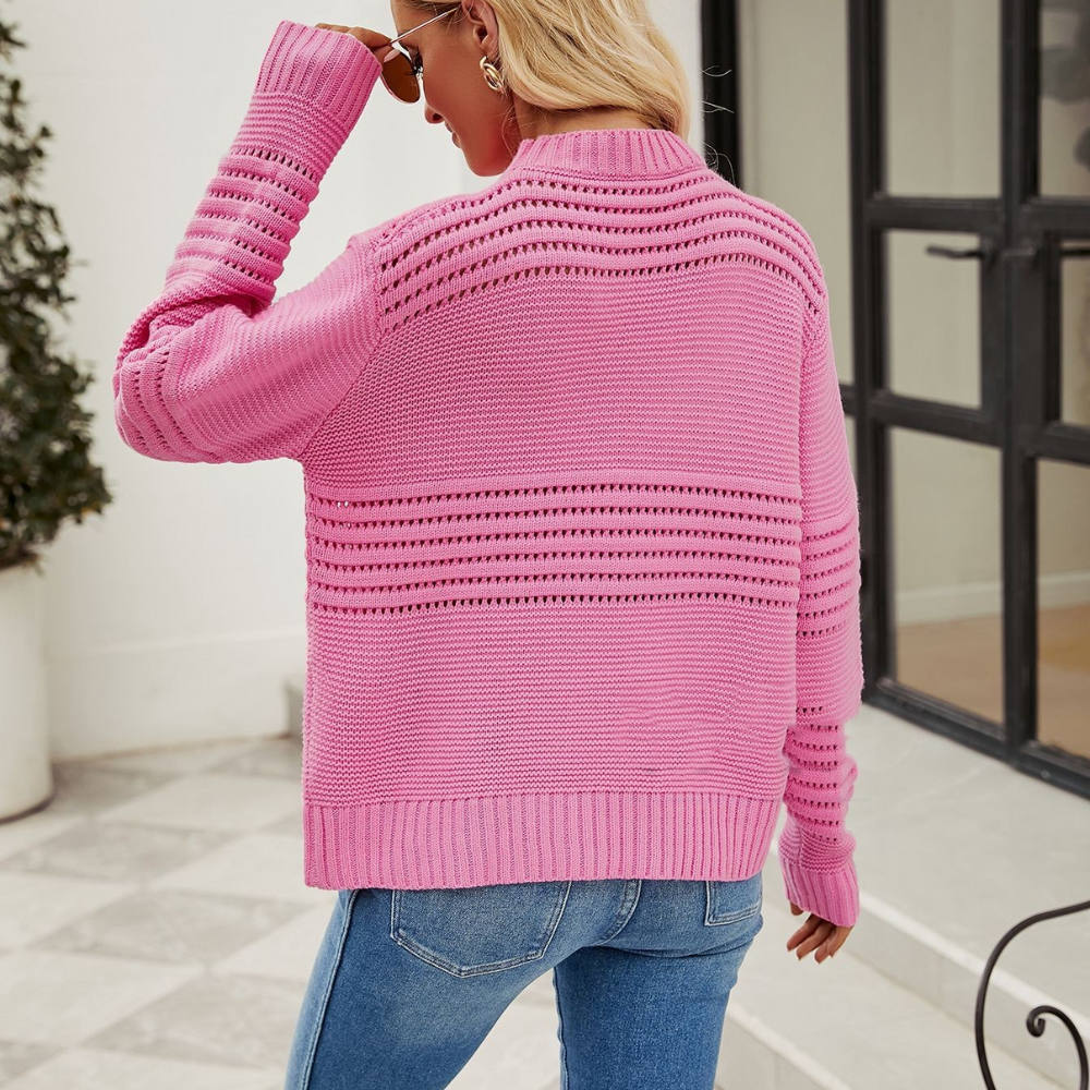 Damen Strickpullover – Leichter Pullover mit Lochmuster und Rundhalsausschnitt