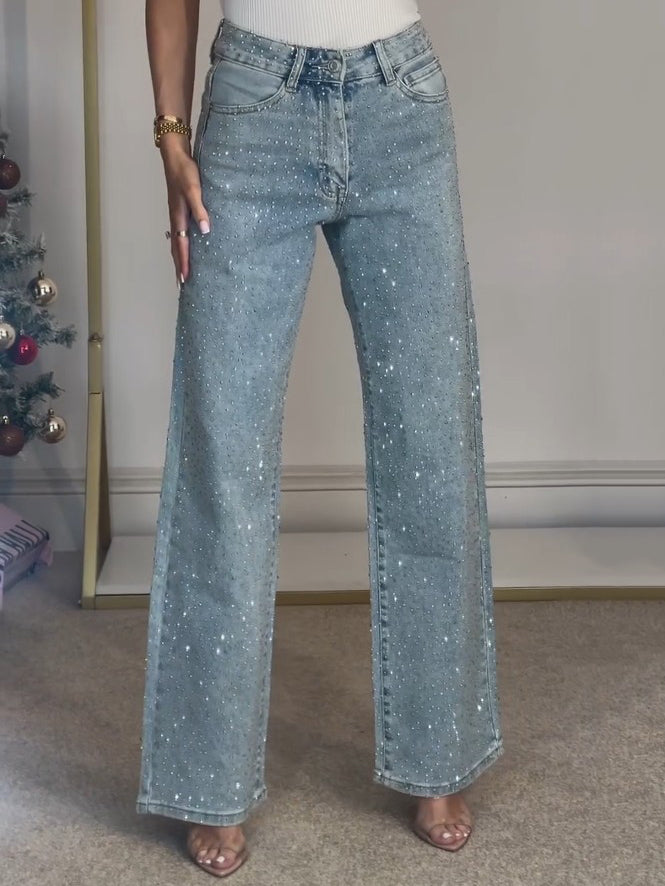Amelie | Damenjeans Hohe Taille, Glitzernde Details, Dunkelblau