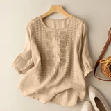 Gretchen - Stilvolle bestickte Bluse mit 3/4-Ärmeln für Damen in Khaki