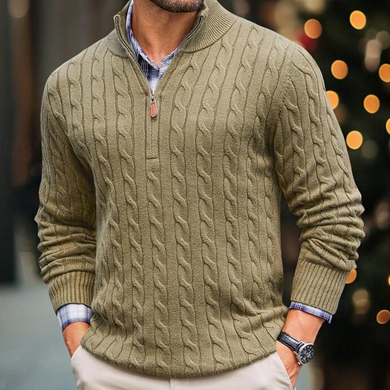 Herren Strickpullover mit Zopfmuster | Klassisch & Elegant | Halber Reißverschluss