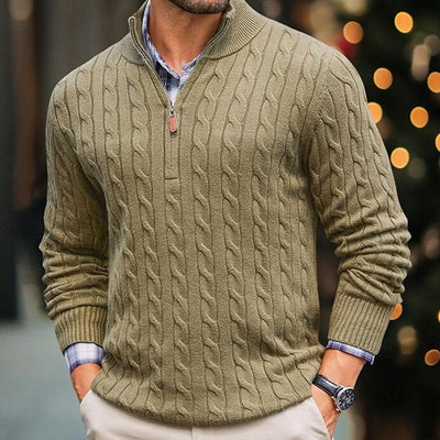 Herren Strickpullover mit Zopfmuster | Klassisch & Elegant | Halber Reißverschluss